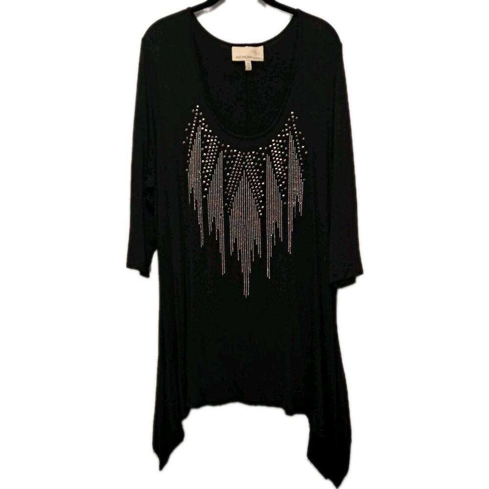 Antthony Originals Tunic Blouse Womens 1X Black Knit Top Studded Lightweight